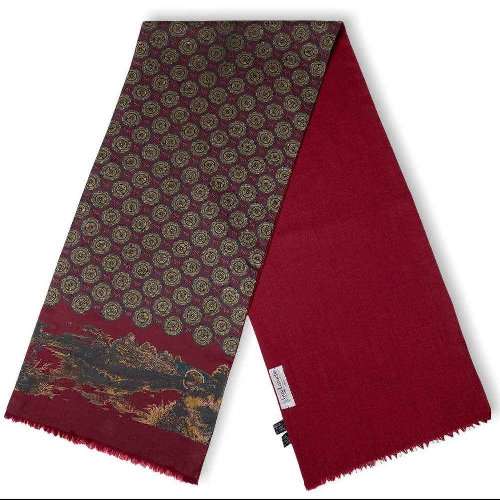 Guy Laroche Silk Wool Reversible Italian Scarf Medallion Scenic 11.5” x 54.5”